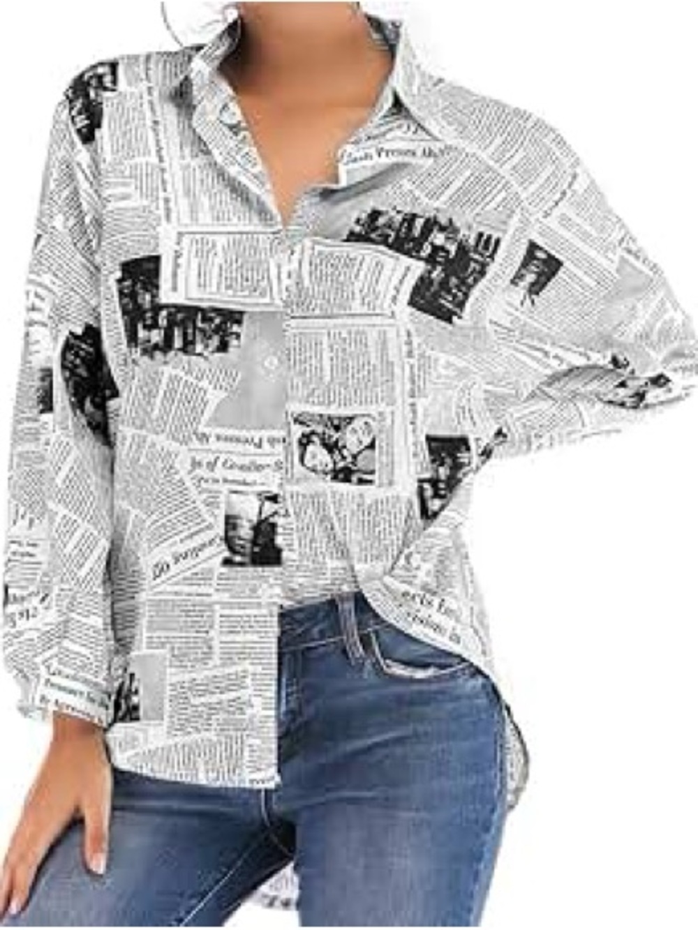 PrettyLittleThing Black and White Newspaper Print Button Down Shirt